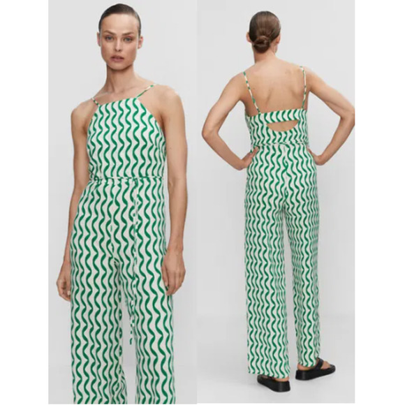 Mango Geometric Sleeveless Straight Leg Jumpsuits Green/White Women's Medium - Picture 1 of 6